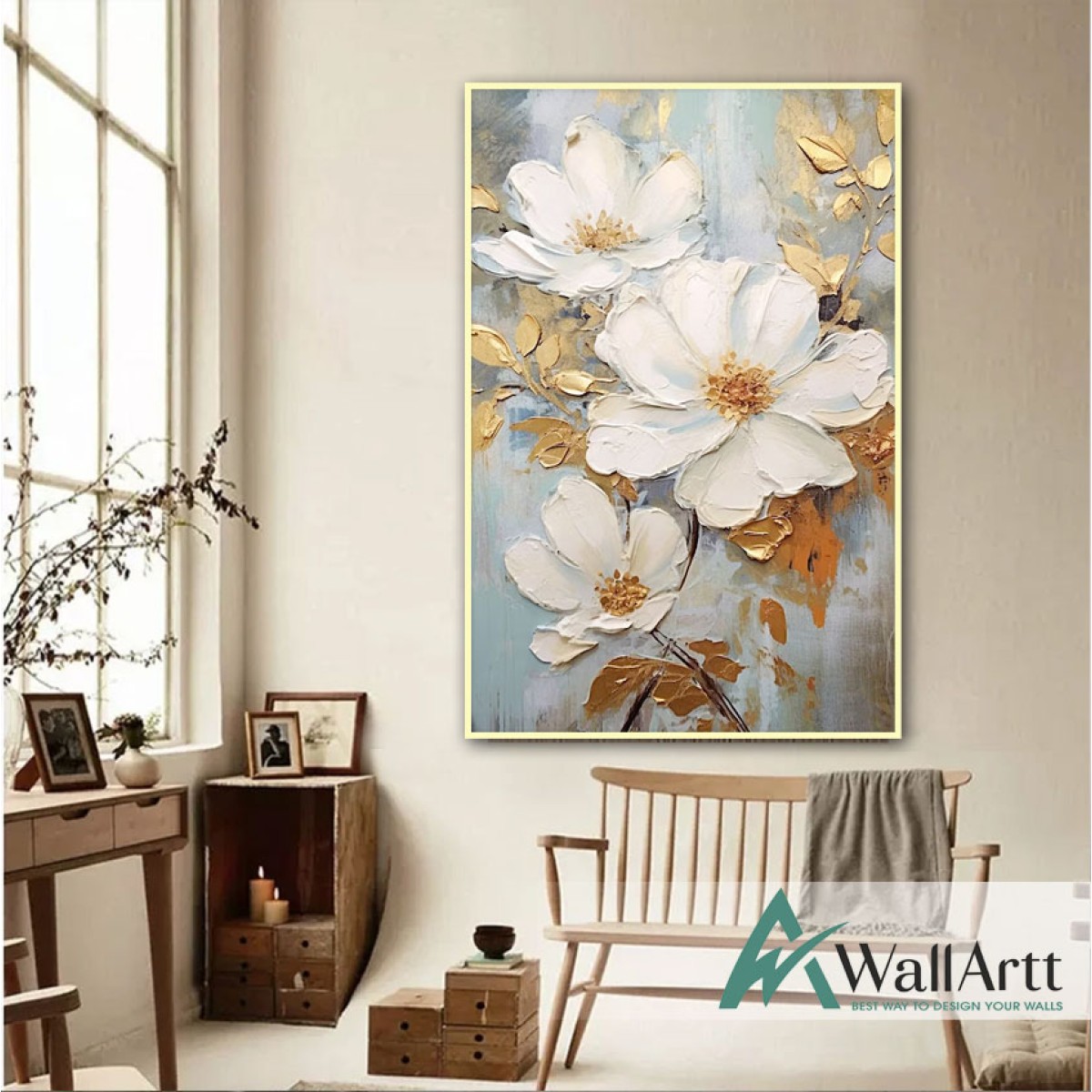 White Flowers with Gold Leaves 3d Heavy Textured Partial Oil Painting
